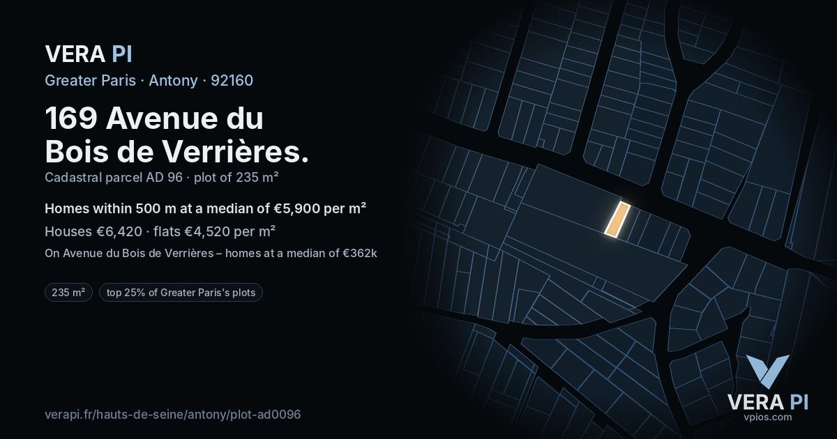 169 Avenue du Bois de Verrières, Antony at night – the plot lit, the parcels around coloured by the prices near them