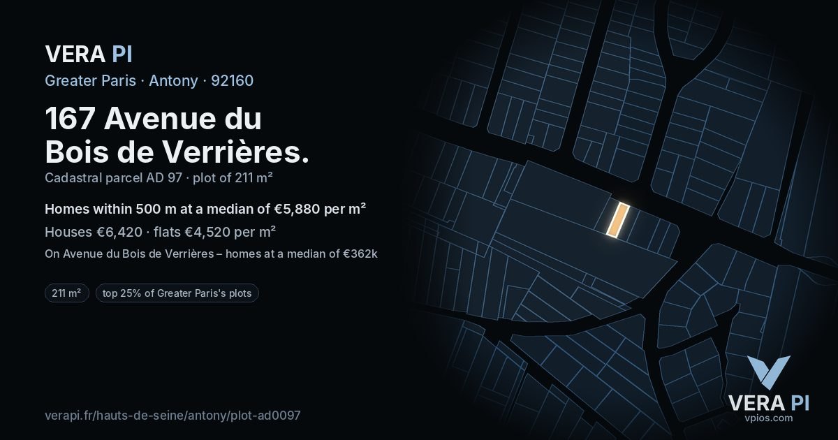 167 Avenue du Bois de Verrières, Antony at night – the plot lit, the parcels around coloured by the prices near them
