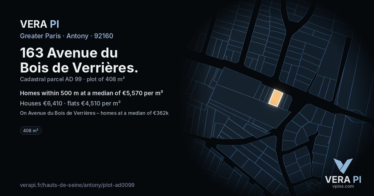 163 Avenue du Bois de Verrières, Antony at night – the plot lit, the parcels around coloured by the prices near them