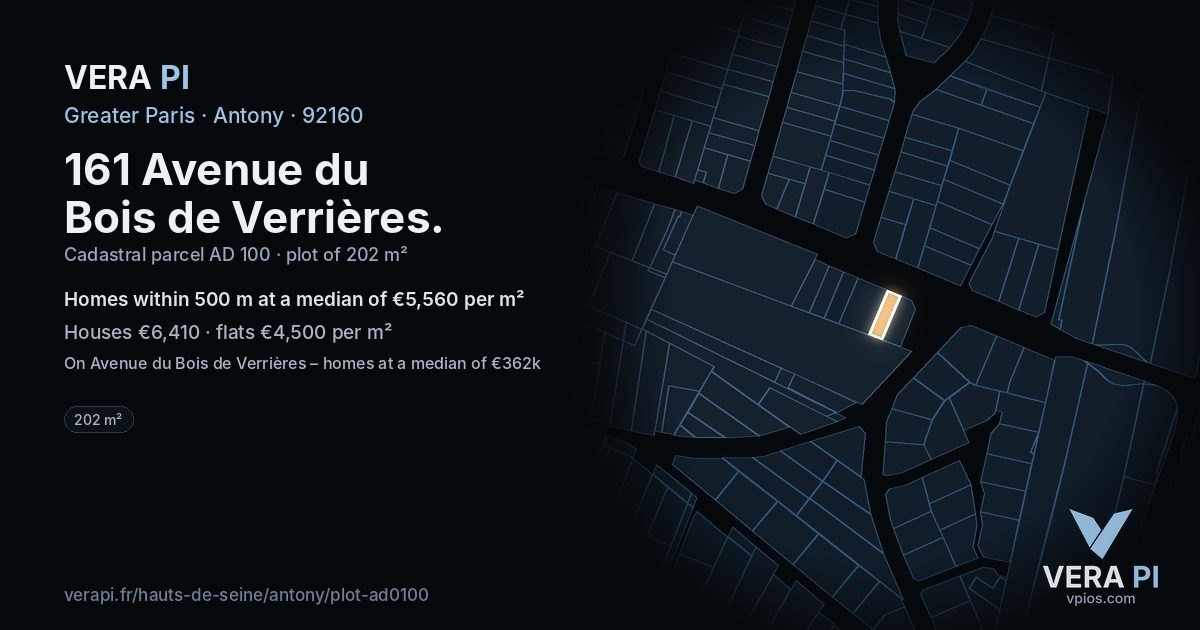 161 Avenue du Bois de Verrières, Antony at night – the plot lit, the parcels around coloured by the prices near them
