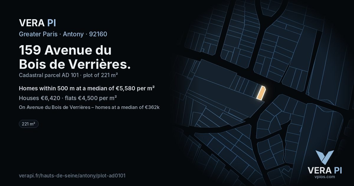 159 Avenue du Bois de Verrières, Antony at night – the plot lit, the parcels around coloured by the prices near them