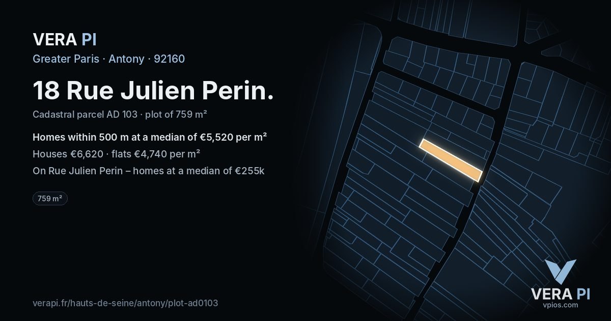 18 Rue Julien Perin, Antony at night – the plot lit, the parcels around coloured by the prices near them