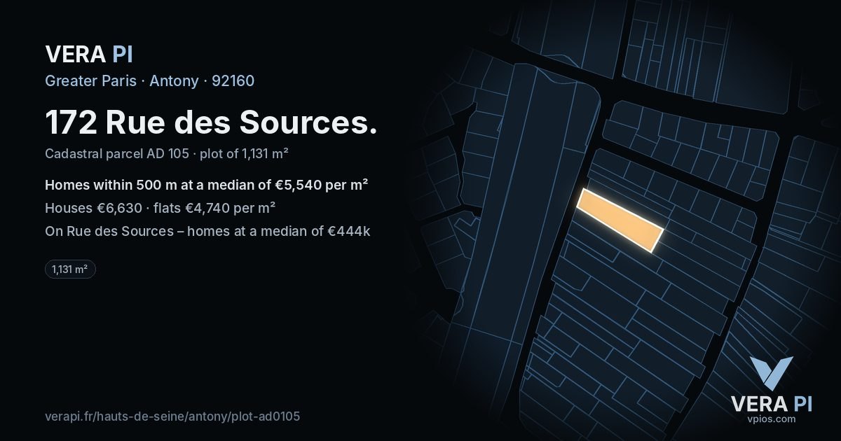 172 Rue des Sources, Antony at night – the plot lit, the parcels around coloured by the prices near them