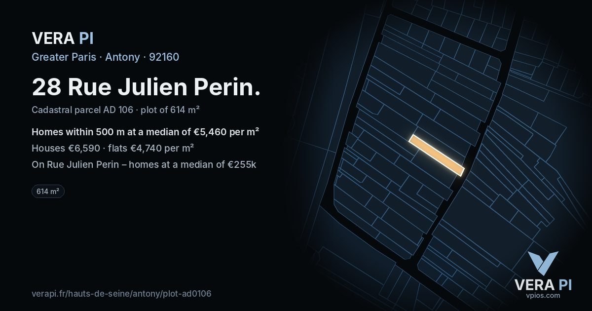 28 Rue Julien Perin, Antony at night – the plot lit, the parcels around coloured by the prices near them