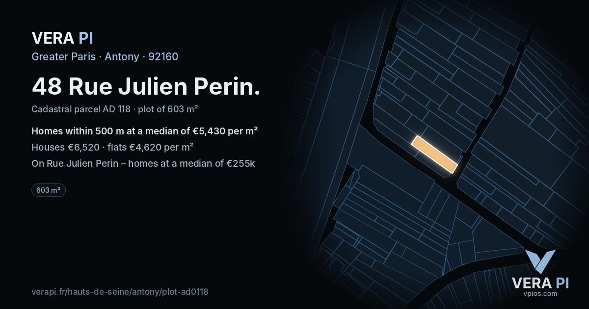 48 Rue Julien Perin, Antony at night – the plot lit, the parcels around coloured by the prices near them