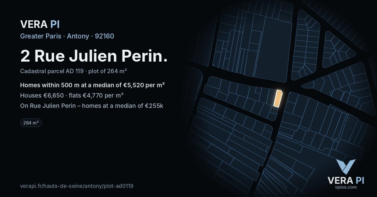 2 Rue Julien Perin, Antony at night – the plot lit, the parcels around coloured by the prices near them