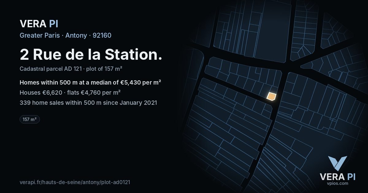 2 Rue de la Station, Antony at night – the plot lit, the parcels around coloured by the prices near them