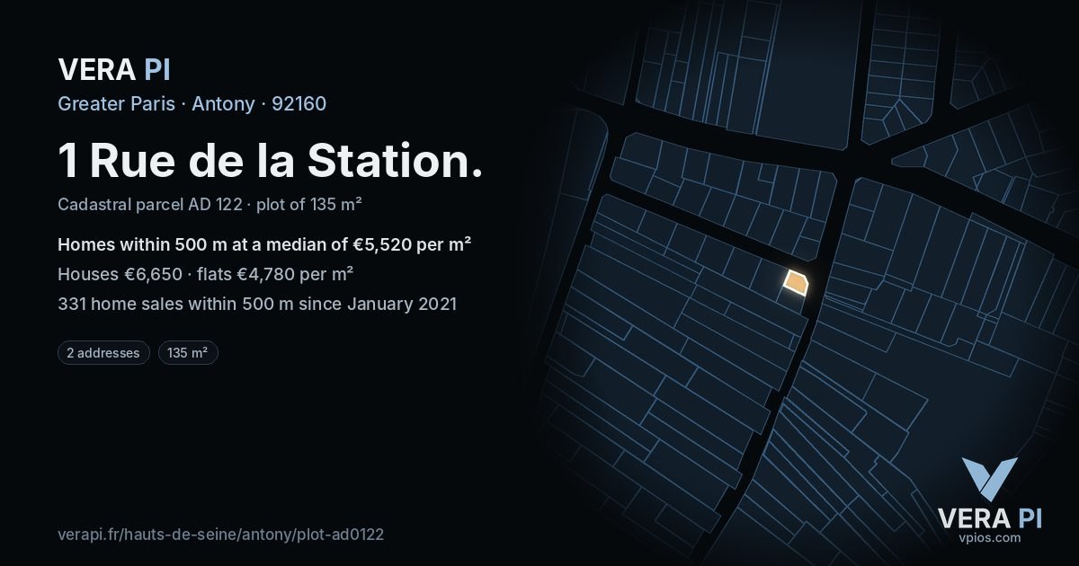 1 Rue de la Station, Antony at night – the plot lit, the parcels around coloured by the prices near them