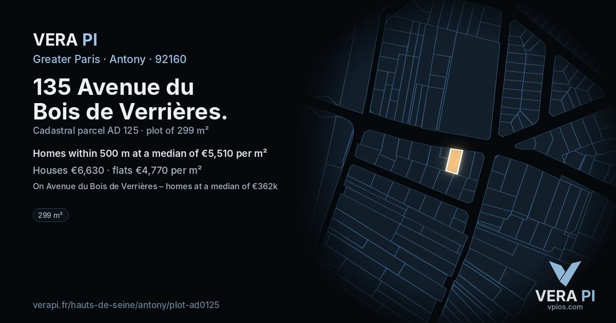 135 Avenue du Bois de Verrières, Antony at night – the plot lit, the parcels around coloured by the prices near them