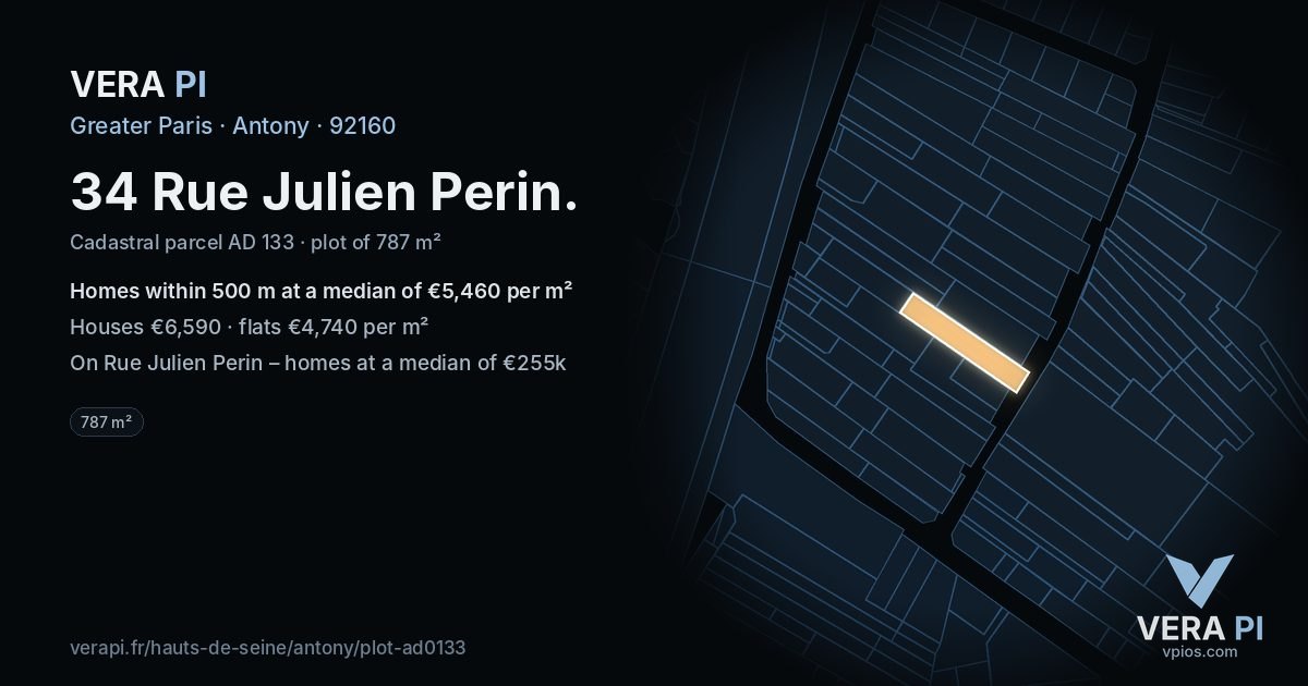 34 Rue Julien Perin, Antony at night – the plot lit, the parcels around coloured by the prices near them