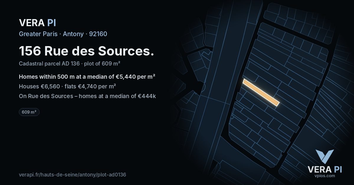 156 Rue des Sources, Antony at night – the plot lit, the parcels around coloured by the prices near them