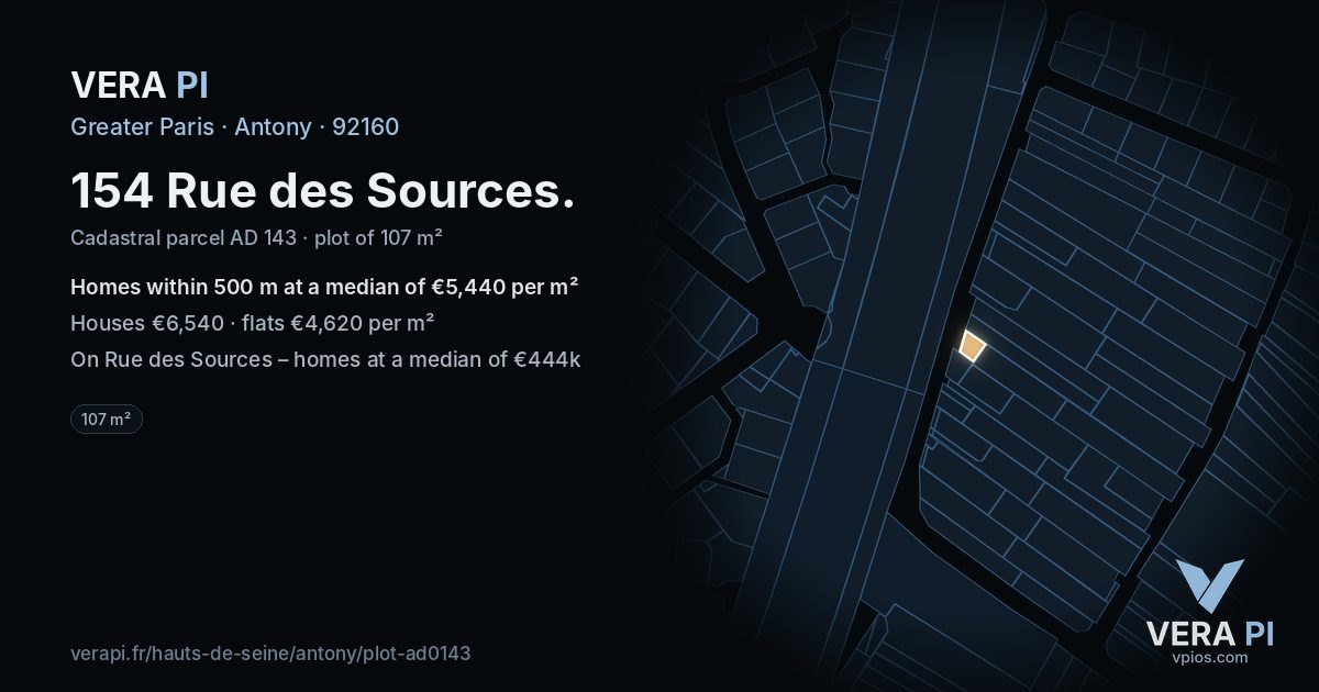 154 Rue des Sources, Antony at night – the plot lit, the parcels around coloured by the prices near them