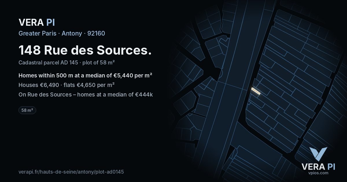 148 Rue des Sources, Antony at night – the plot lit, the parcels around coloured by the prices near them