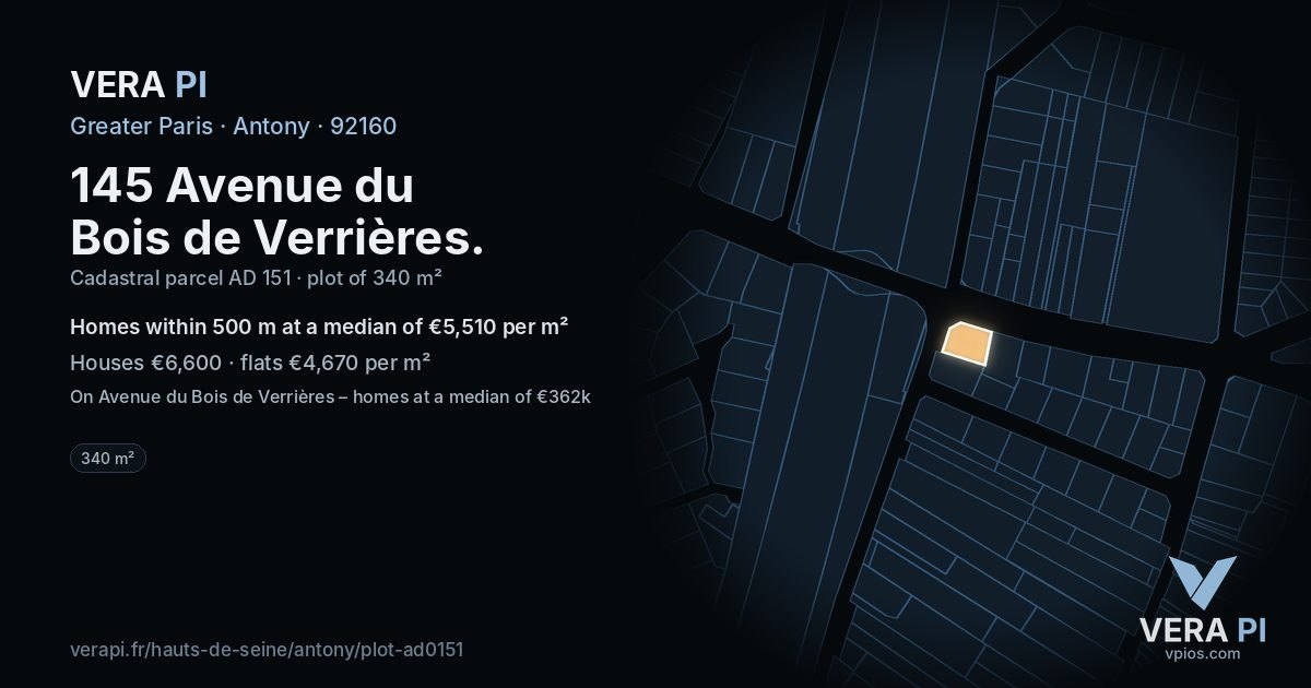 145 Avenue du Bois de Verrières, Antony at night – the plot lit, the parcels around coloured by the prices near them