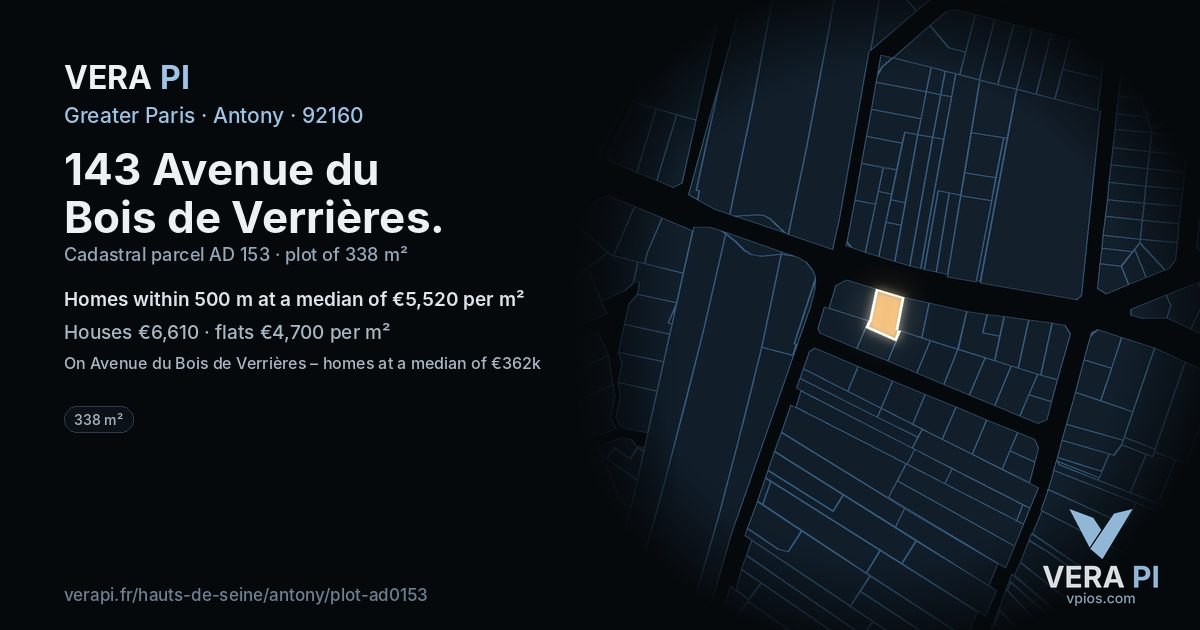 143 Avenue du Bois de Verrières, Antony at night – the plot lit, the parcels around coloured by the prices near them