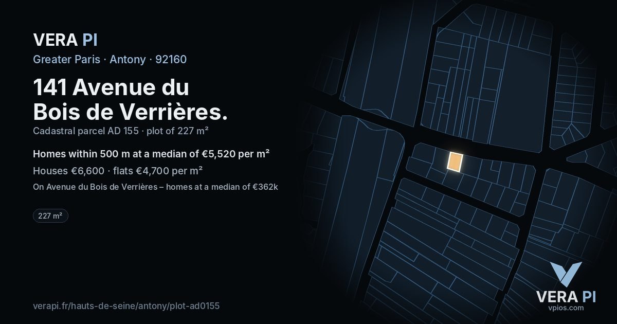 141 Avenue du Bois de Verrières, Antony at night – the plot lit, the parcels around coloured by the prices near them