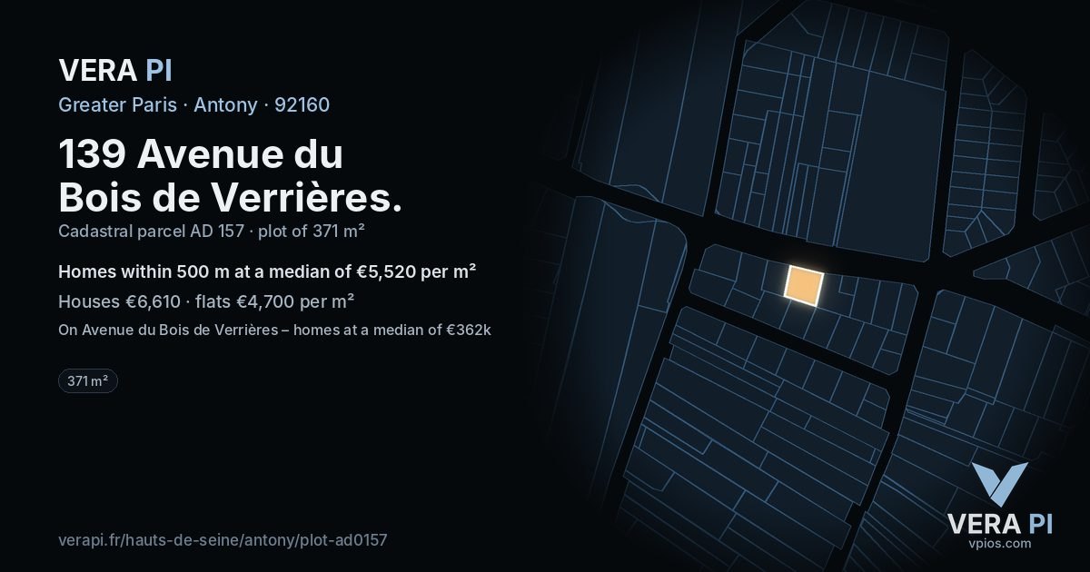 139 Avenue du Bois de Verrières, Antony at night – the plot lit, the parcels around coloured by the prices near them