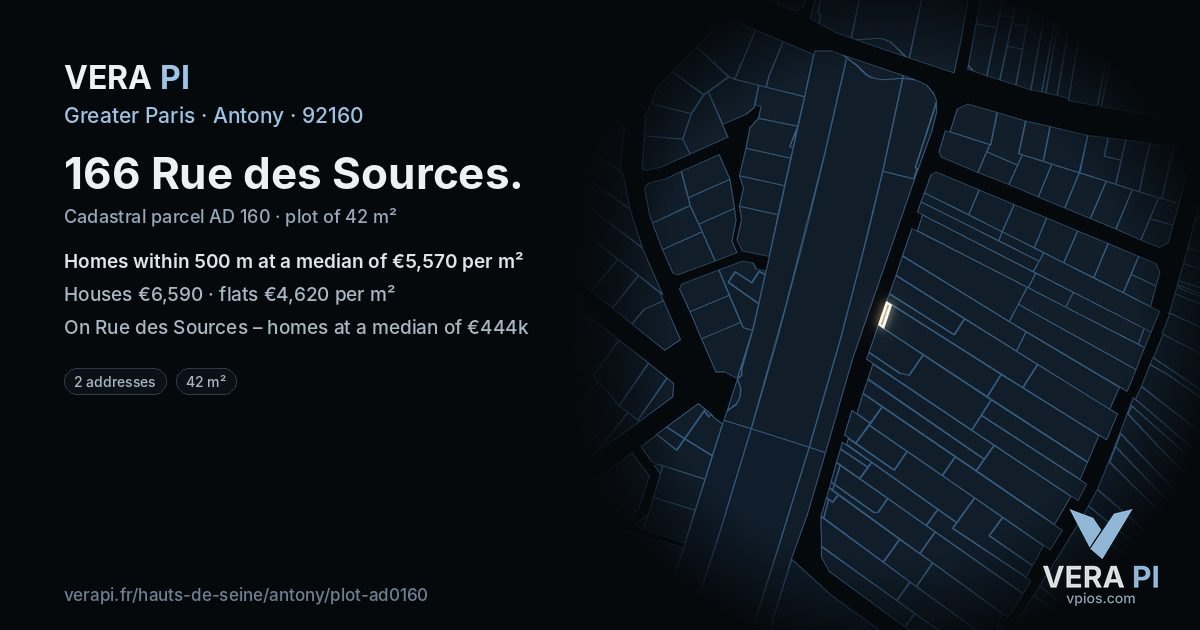 166 Rue des Sources, Antony at night – the plot lit, the parcels around coloured by the prices near them