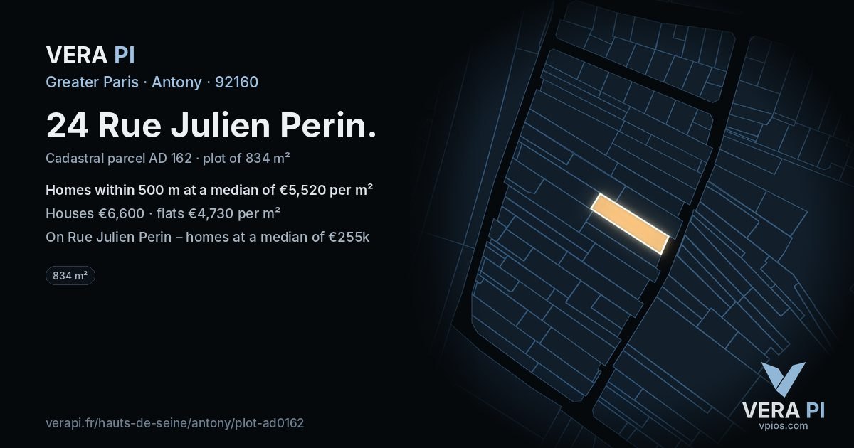 24 Rue Julien Perin, Antony at night – the plot lit, the parcels around coloured by the prices near them