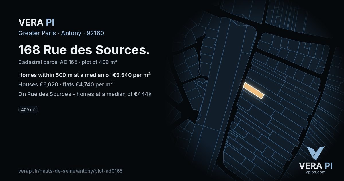 168 Rue des Sources, Antony at night – the plot lit, the parcels around coloured by the prices near them