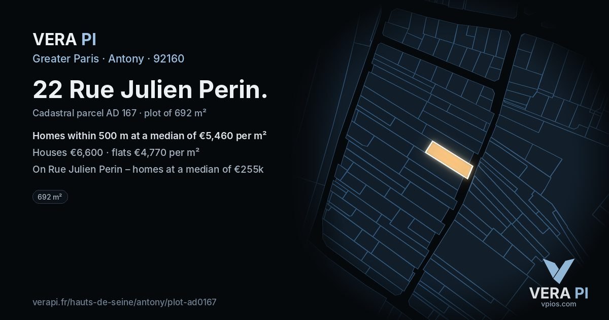 22 Rue Julien Perin, Antony at night – the plot lit, the parcels around coloured by the prices near them