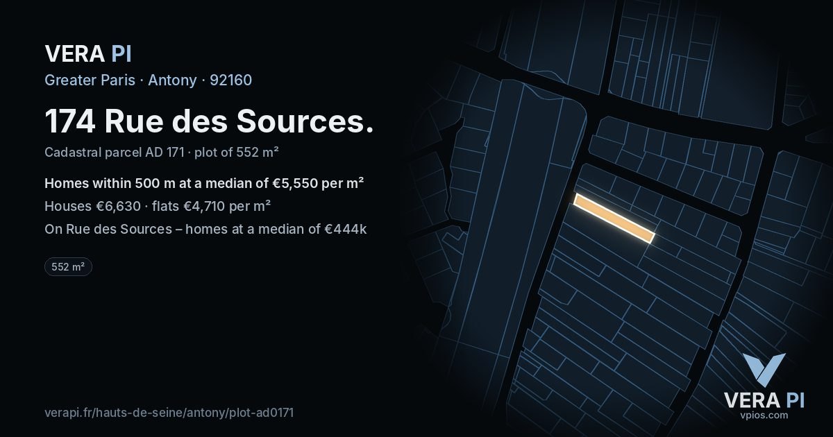174 Rue des Sources, Antony at night – the plot lit, the parcels around coloured by the prices near them