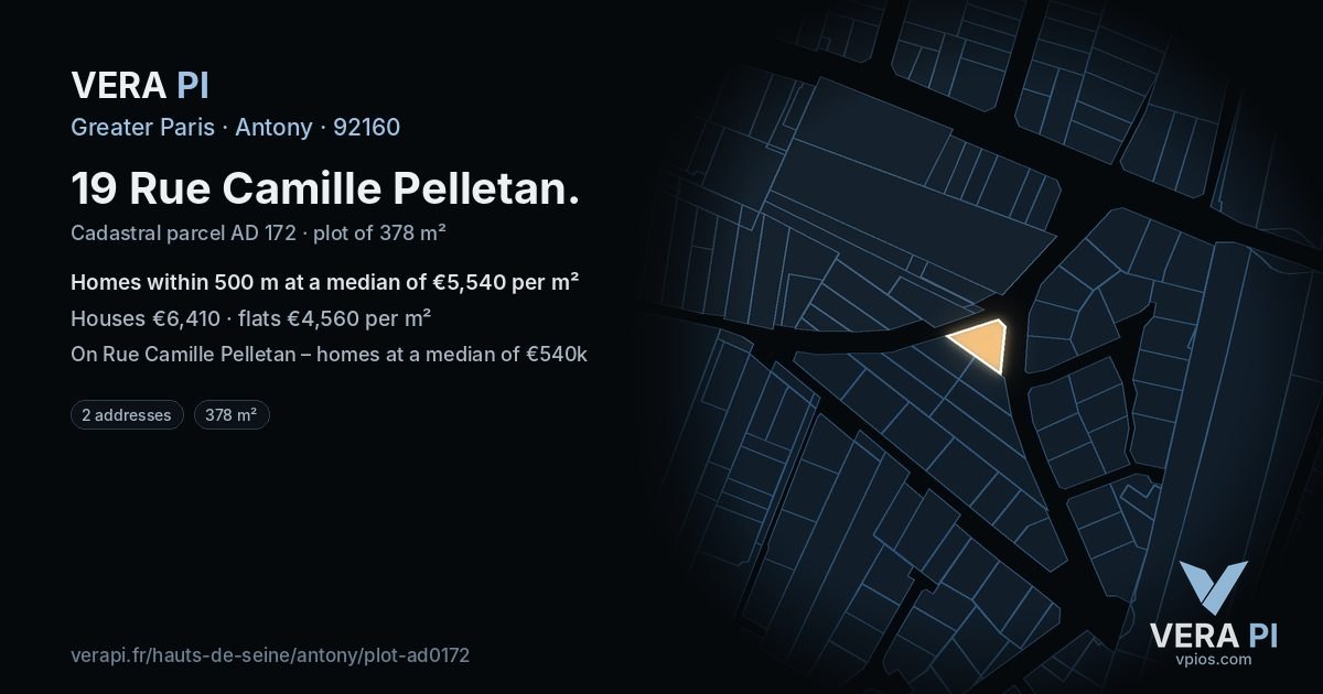 19 Rue Camille Pelletan, Antony at night – the plot lit, the parcels around coloured by the prices near them