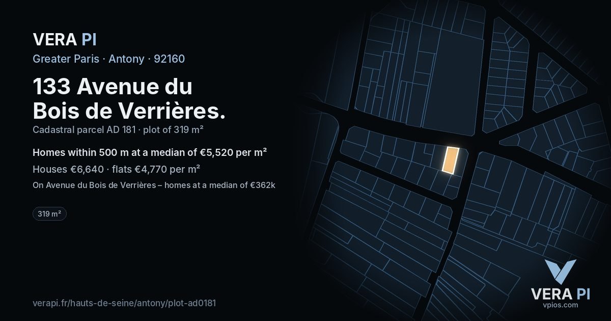 133 Avenue du Bois de Verrières, Antony at night – the plot lit, the parcels around coloured by the prices near them
