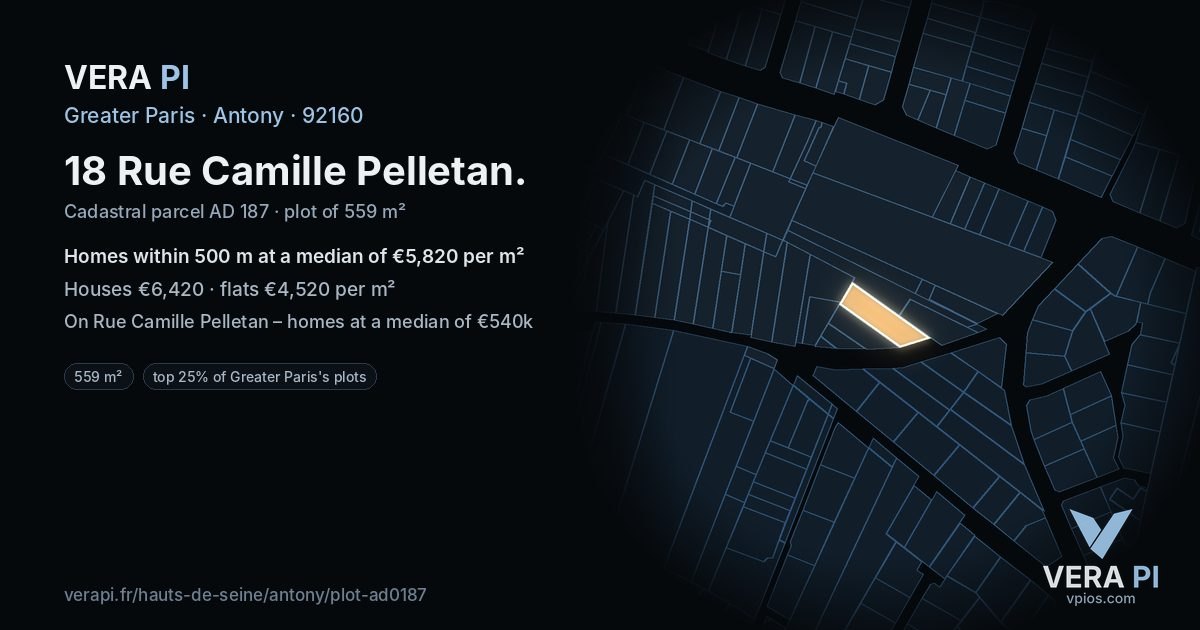 18 Rue Camille Pelletan, Antony at night – the plot lit, the parcels around coloured by the prices near them