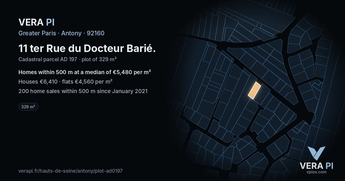 11 ter Rue du Docteur Barié, Antony at night – the plot lit, the parcels around coloured by the prices near them