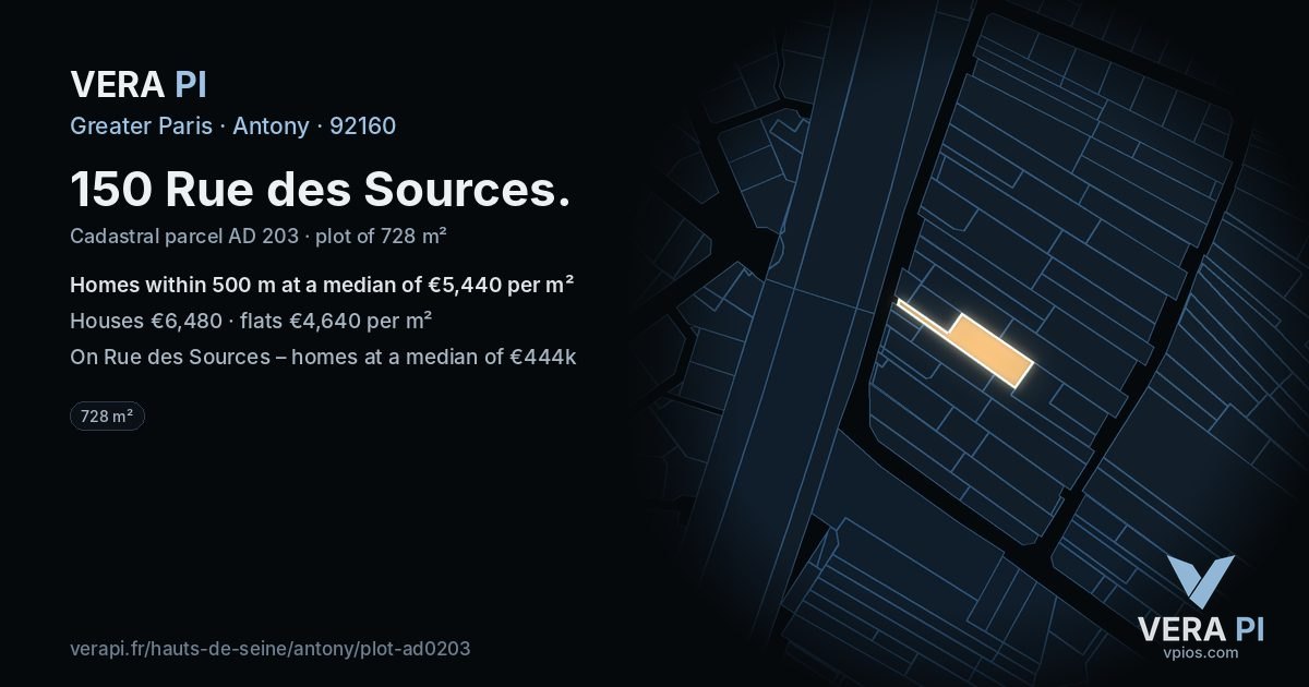 150 Rue des Sources, Antony at night – the plot lit, the parcels around coloured by the prices near them