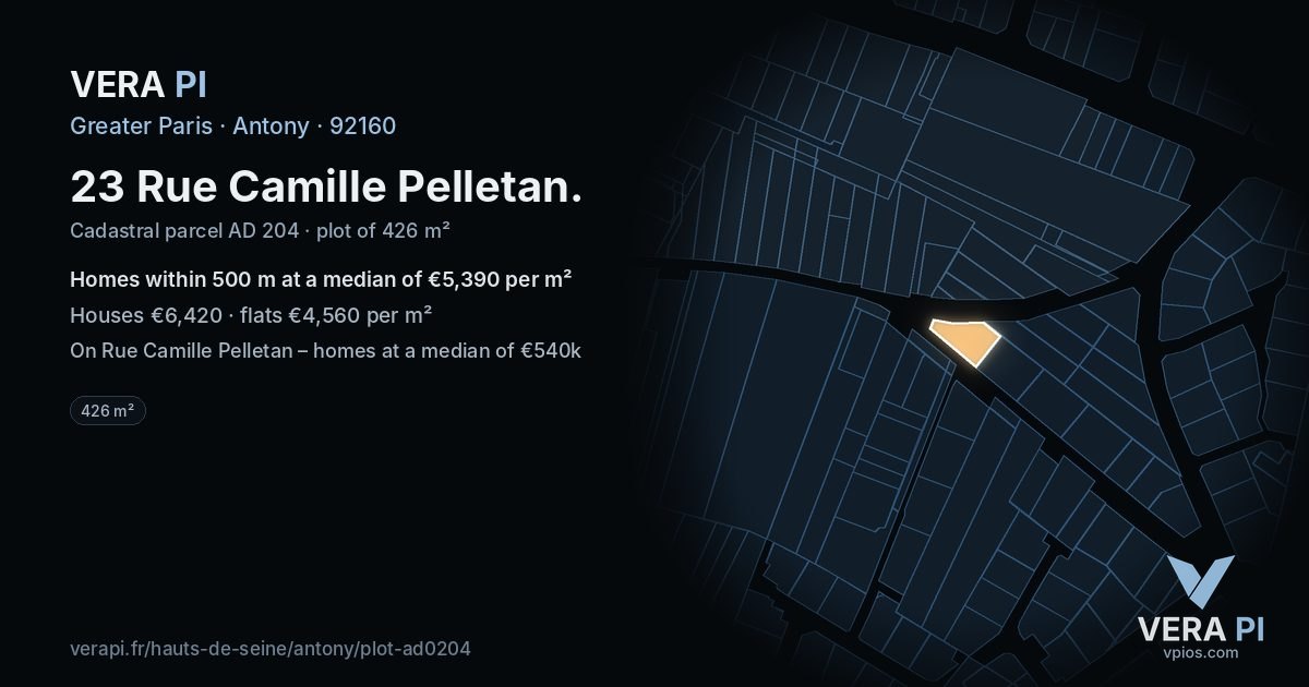 23 Rue Camille Pelletan, Antony at night – the plot lit, the parcels around coloured by the prices near them
