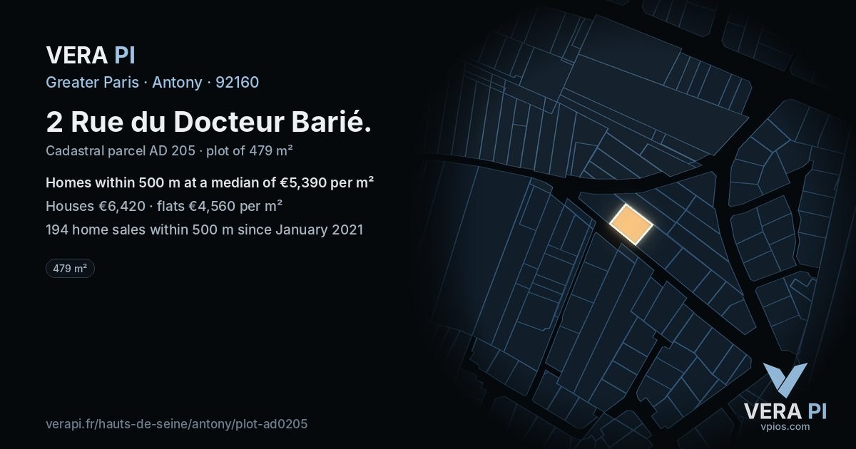 2 Rue du Docteur Barié, Antony at night – the plot lit, the parcels around coloured by the prices near them