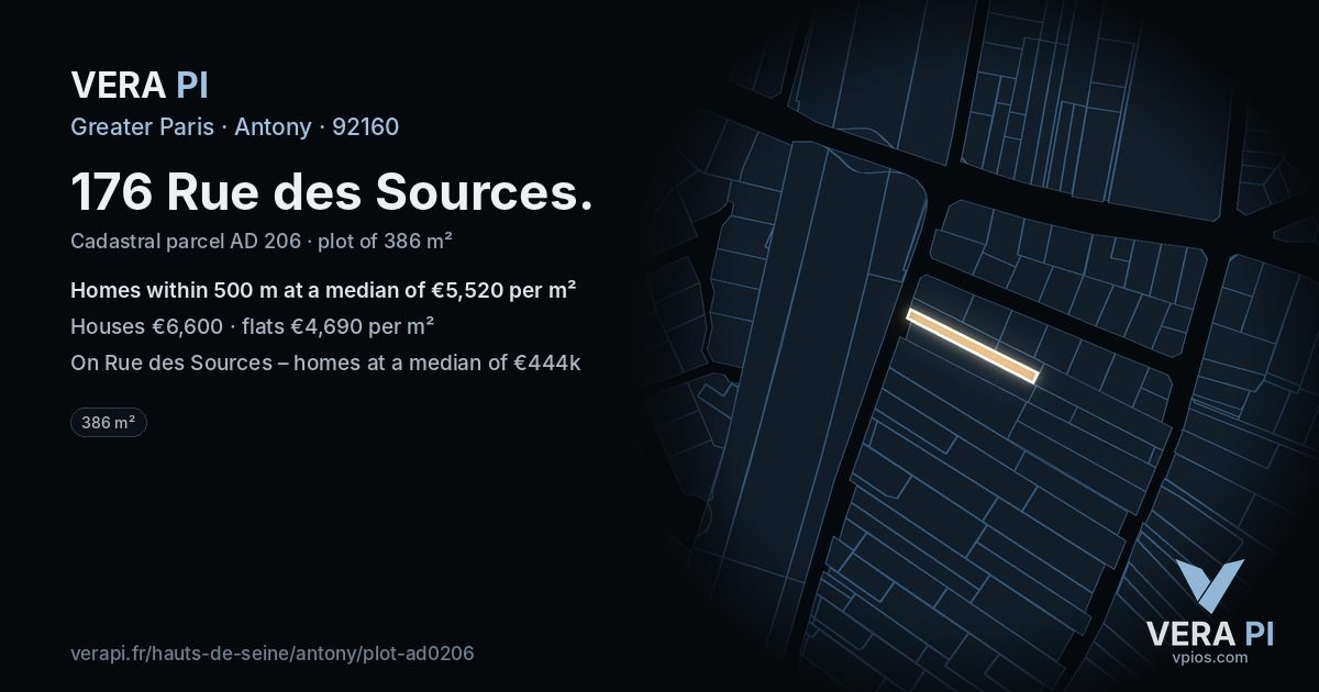 176 Rue des Sources, Antony at night – the plot lit, the parcels around coloured by the prices near them