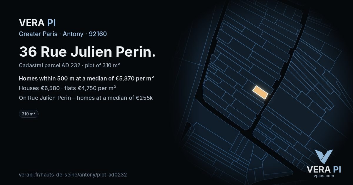 36 Rue Julien Perin, Antony at night – the plot lit, the parcels around coloured by the prices near them