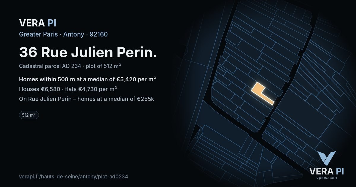 36 Rue Julien Perin, Antony at night – the plot lit, the parcels around coloured by the prices near them