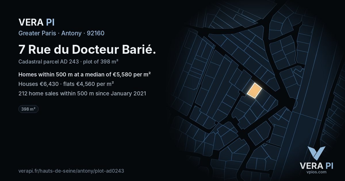 7 Rue du Docteur Barié, Antony at night – the plot lit, the parcels around coloured by the prices near them