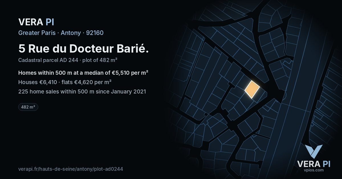 5 Rue du Docteur Barié, Antony at night – the plot lit, the parcels around coloured by the prices near them
