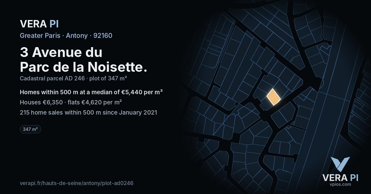3 Avenue du Parc de la Noisette, Antony at night – the plot lit, the parcels around coloured by the prices near them