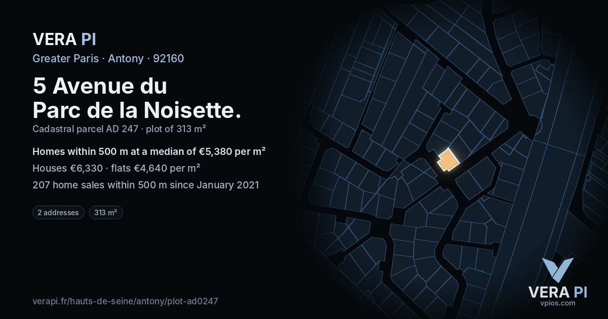 5 Avenue du Parc de la Noisette, Antony at night – the plot lit, the parcels around coloured by the prices near them