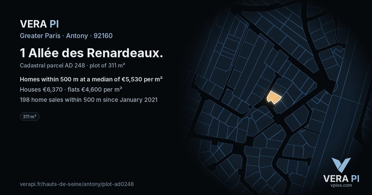 1 Allée des Renardeaux, Antony at night – the plot lit, the parcels around coloured by the prices near them