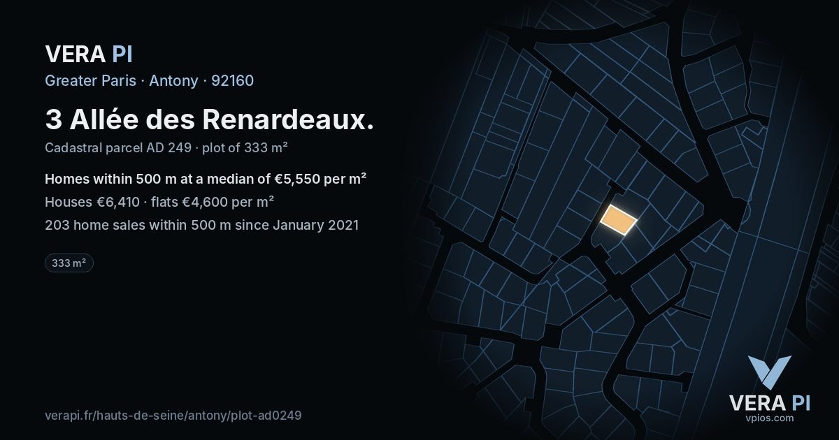 3 Allée des Renardeaux, Antony at night – the plot lit, the parcels around coloured by the prices near them