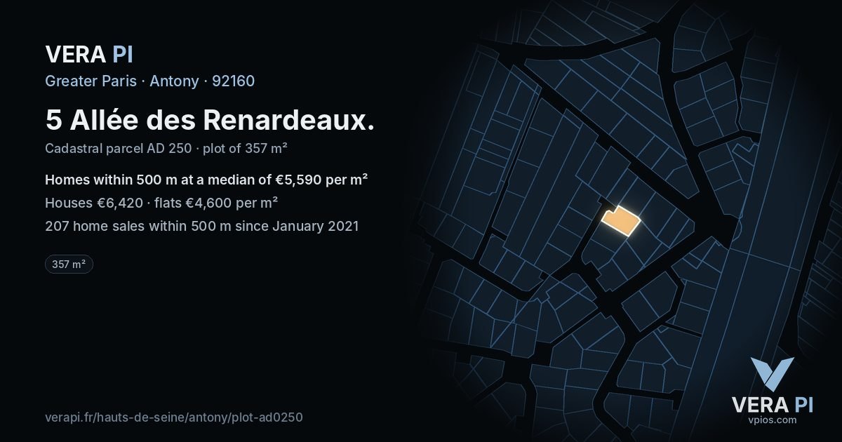 5 Allée des Renardeaux, Antony at night – the plot lit, the parcels around coloured by the prices near them