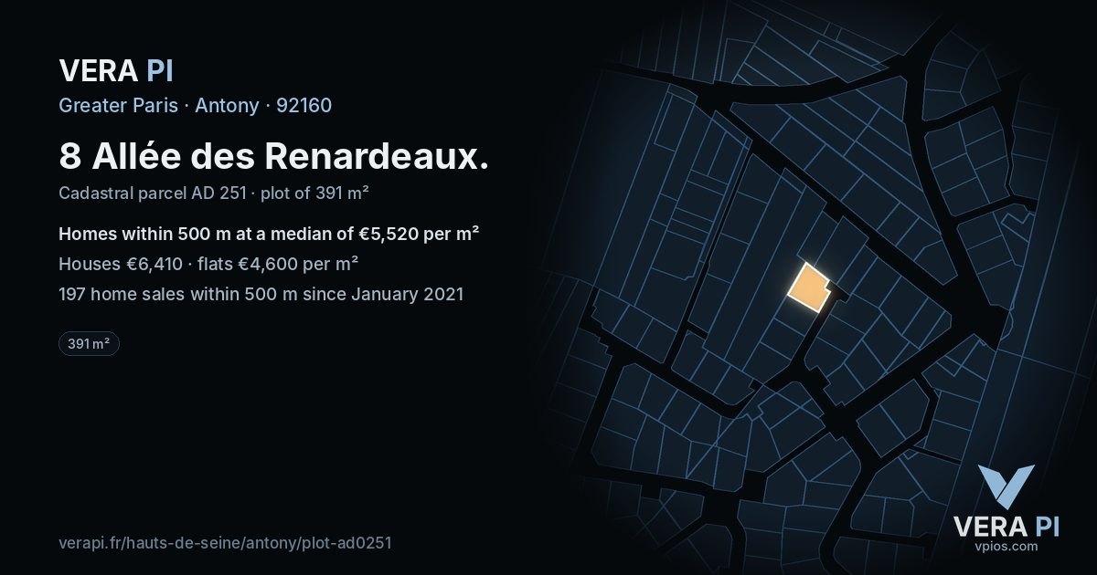 8 Allée des Renardeaux, Antony at night – the plot lit, the parcels around coloured by the prices near them
