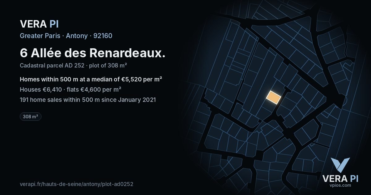 6 Allée des Renardeaux, Antony at night – the plot lit, the parcels around coloured by the prices near them