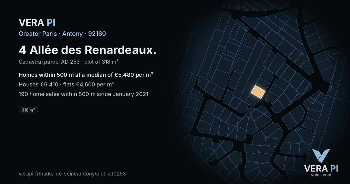 4 Allée des Renardeaux, Antony at night – the plot lit, the parcels around coloured by the prices near them