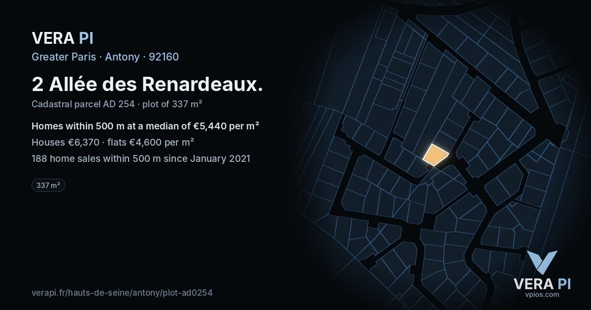 2 Allée des Renardeaux, Antony at night – the plot lit, the parcels around coloured by the prices near them