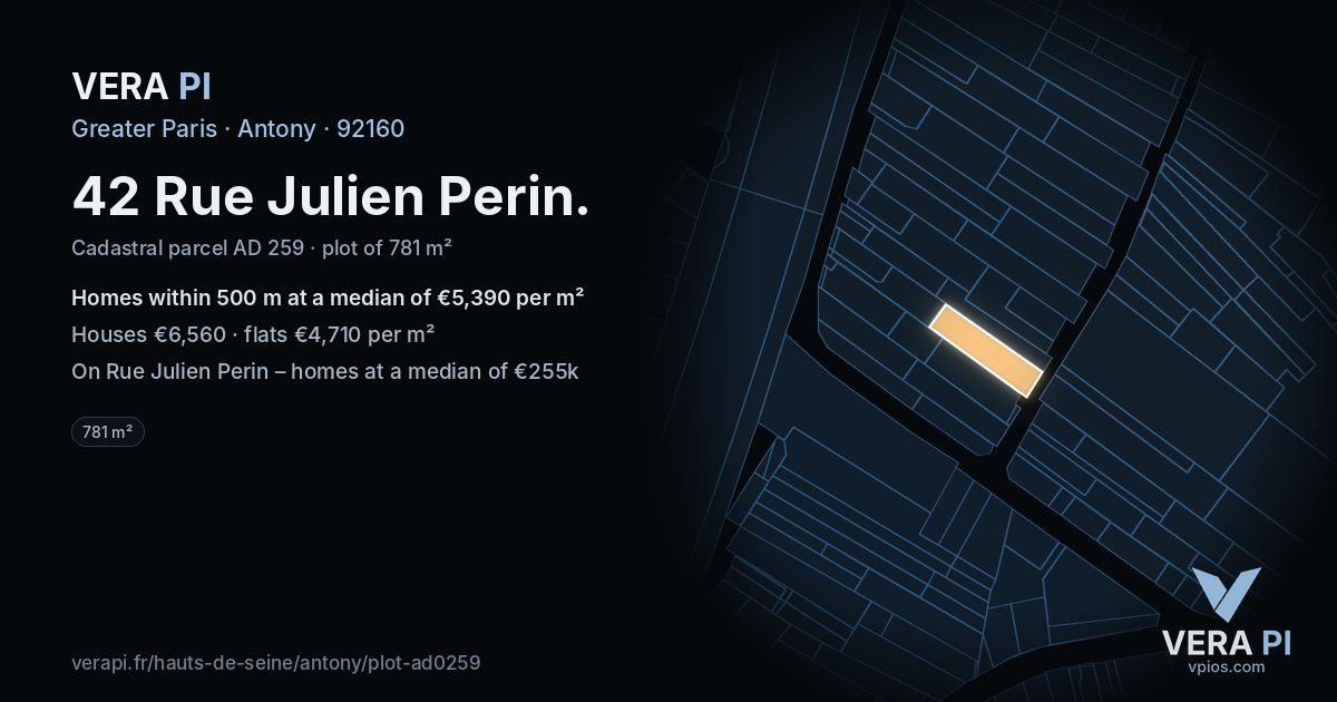42 Rue Julien Perin, Antony at night – the plot lit, the parcels around coloured by the prices near them