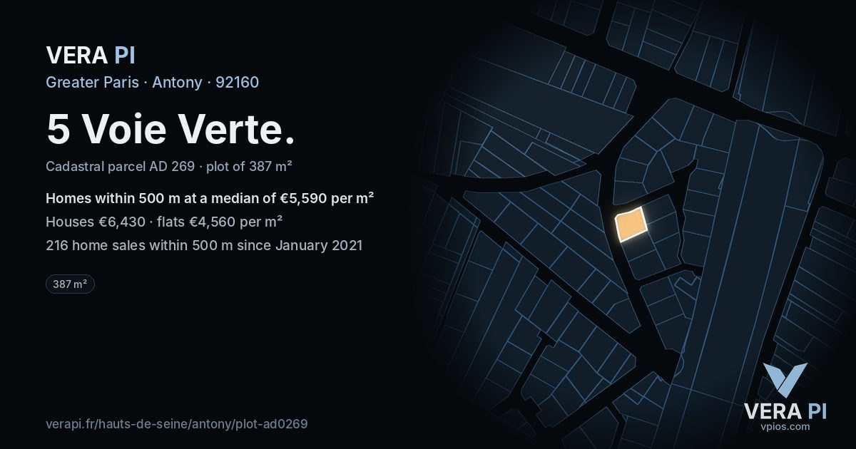 5 Voie Verte, Antony at night – the plot lit, the parcels around coloured by the prices near them