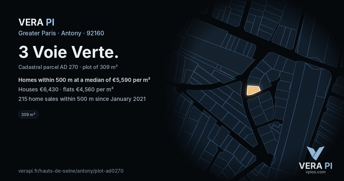 3 Voie Verte, Antony at night – the plot lit, the parcels around coloured by the prices near them
